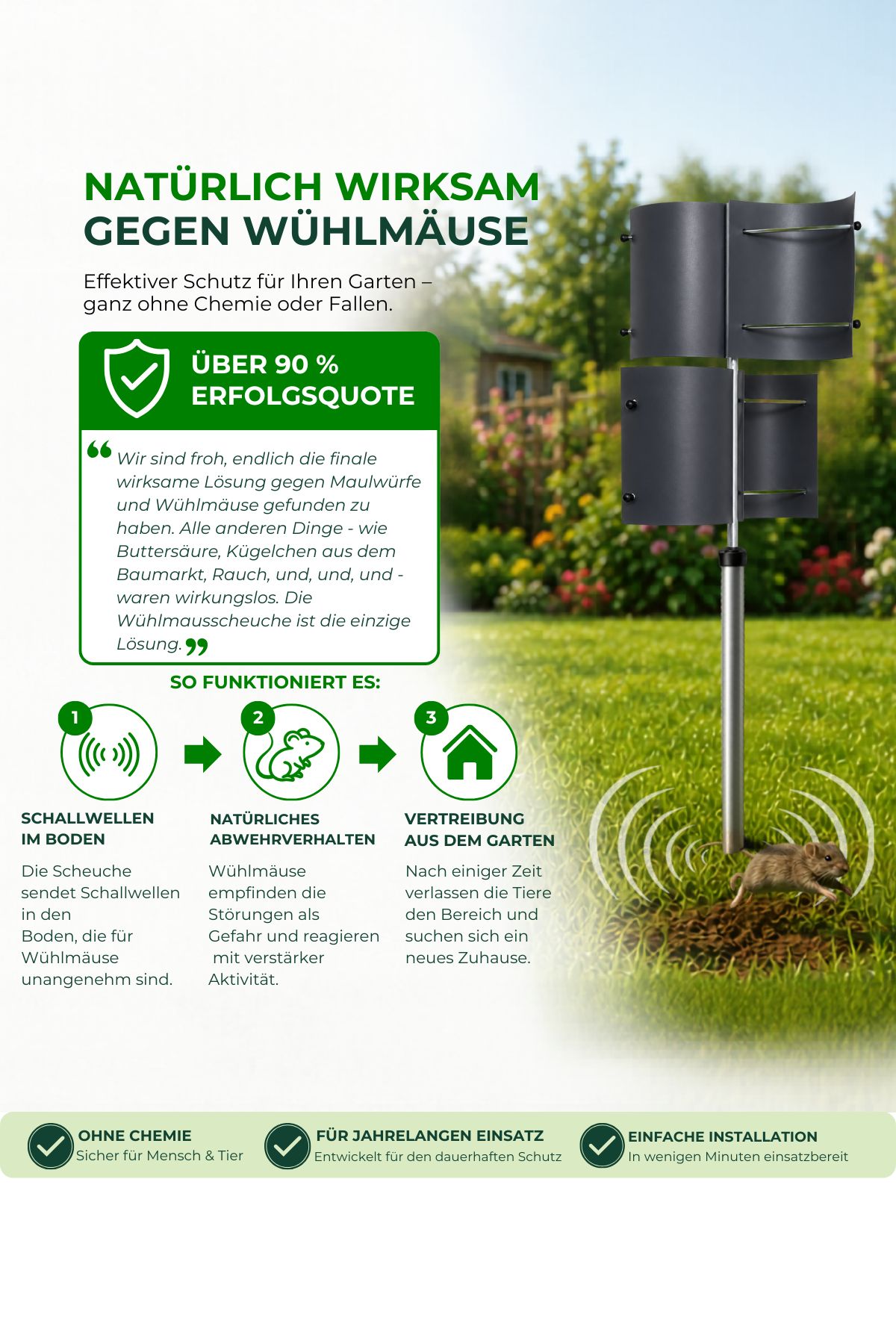 Wühlmaus-Scheuche im Größenvergleich zu einem Menschen im Garten